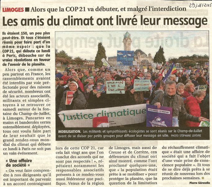 Article du populaire du centre sur la marche pour le climat du 28